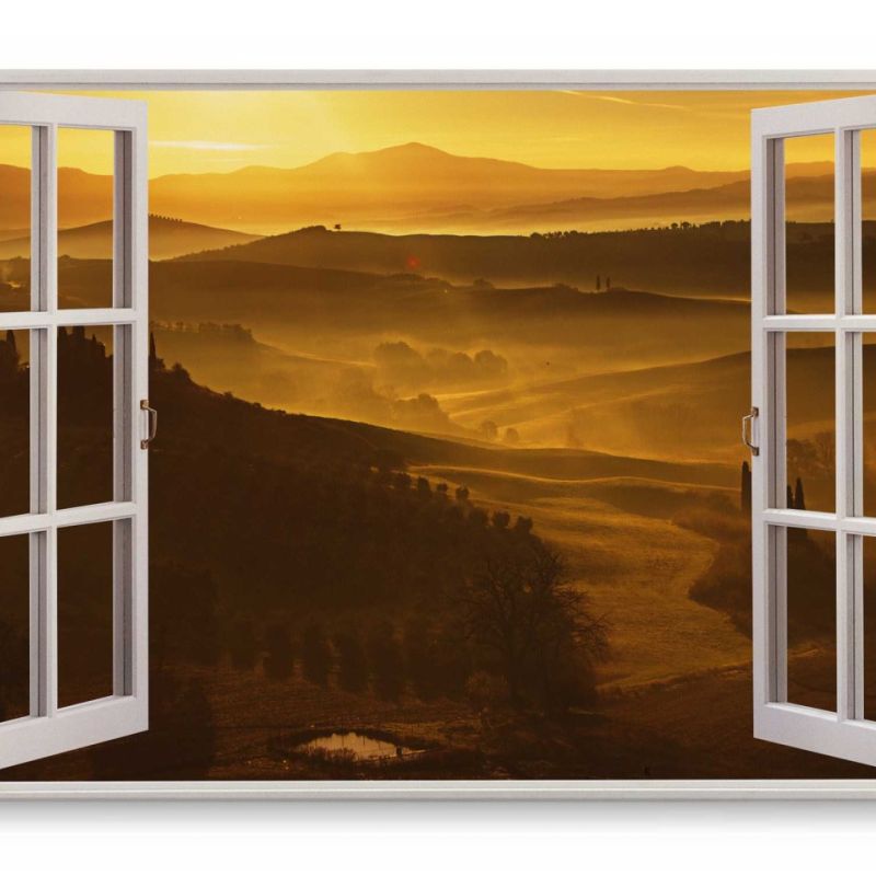 Wandbild 120x80cm Fensterbild Landschaft Natur Abendrot Rot Nebel Sonnenuntergang