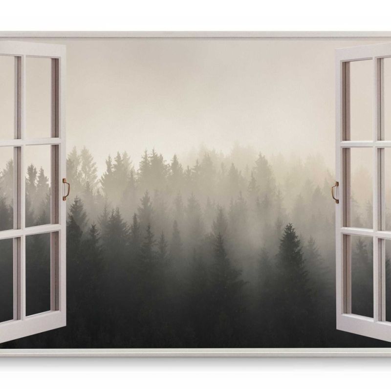 Wandbild 120x80cm Fensterbild Wald Tannenwald Bäume Nebel Tannen Grau