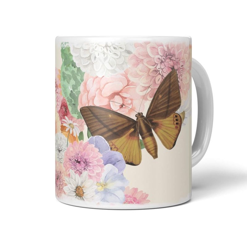 Dekorative Tasse mit schönem Motiv Blumen Schmetterling Vintage Kunstvoll Pastelltöne