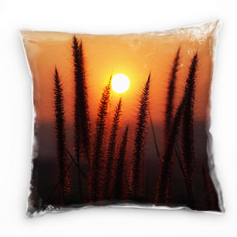 Natur, Sonnenuntergang, Gräser, orange Deko Kissen 40x40cm für Couch Sofa Lounge Zierkissen