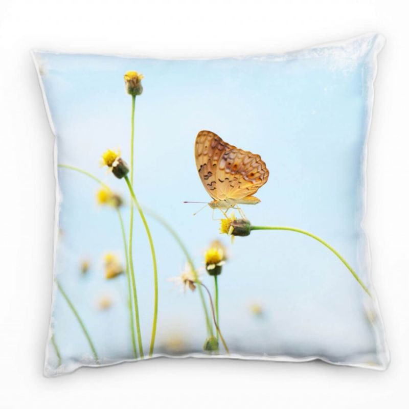 Tiere, Schmetterling, Blumen, blau, braun, gelb Deko Kissen 40x40cm für Couch Sofa Lounge Zierkissen