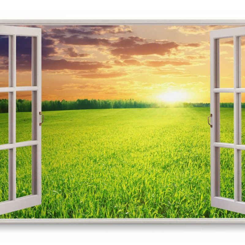 Wandbild 120x80cm Fensterbild Sonnenuntergang Feld Grün Natur Landschaft