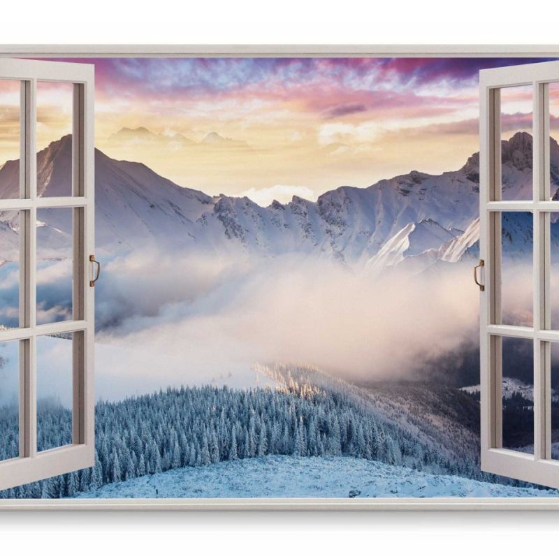 Wandbild 120x80cm Fensterbild Berge Winter Schnee Tannenwald Sonnenuntergang