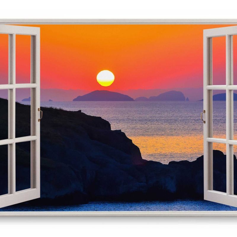 Wandbild 120x80cm Fensterbild Sonnenuntergang Meer Horizont Felsen Rot