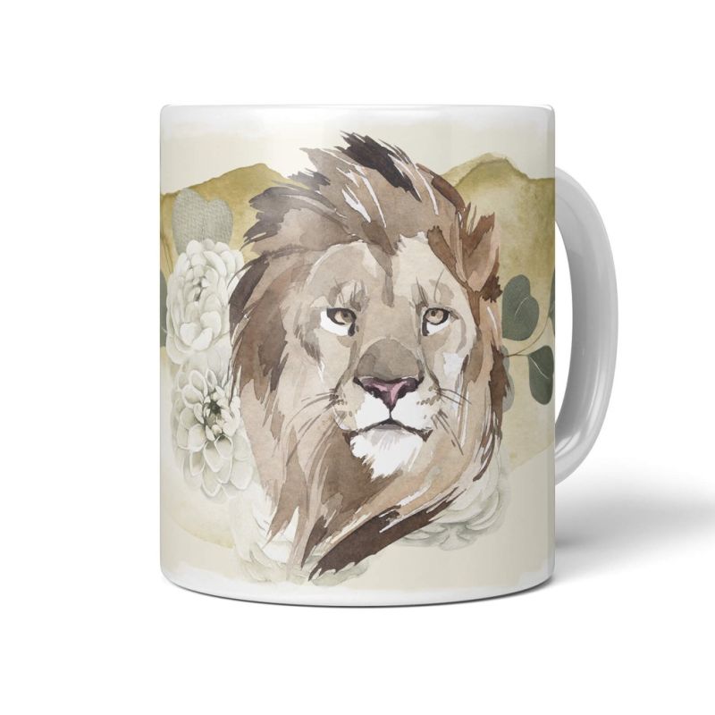 Tasse Porzellan Tier Motiv Löwe Blüten Wasserfarben Aquarell Wildnis