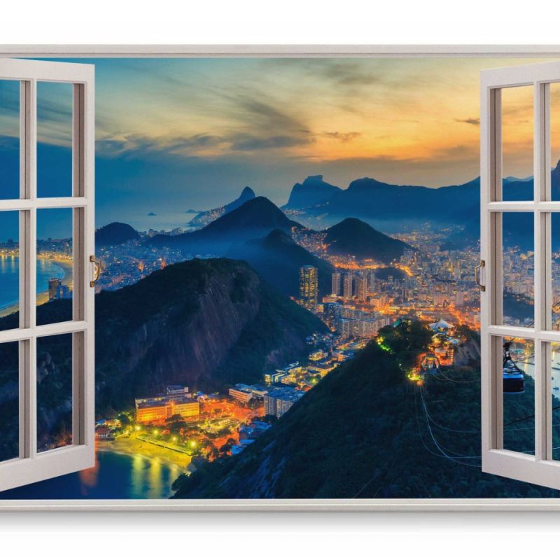 Wandbild 120x80cm Fensterbild Rio de Janeiro Berge Buch Nacht Stadtlichter