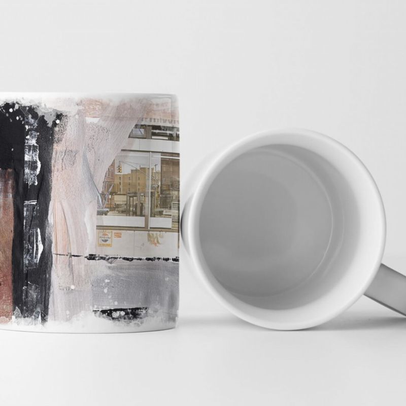 Tasse Geschenk grau, antik-weiße,schwarz, braune Abstraktion; Bild von Stadt