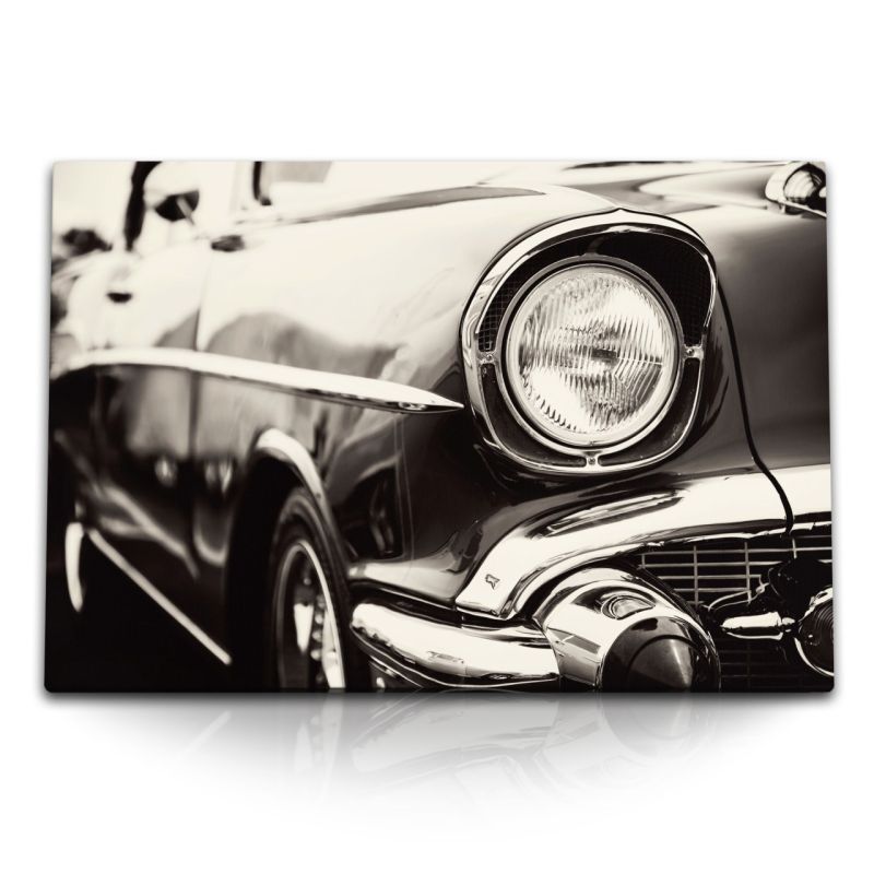 120x80cm Wandbild auf Leinwand Oldtimer Auto Scheinwerfer Kuba Grau Traumauto