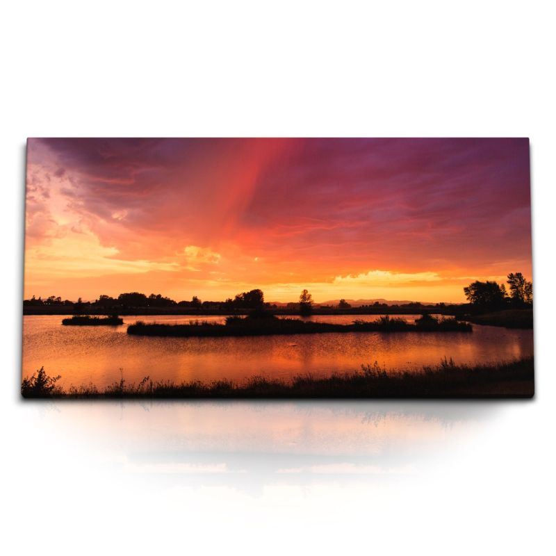 Kunstdruck Bilder 120x60cm Natur See Abenddämmerung Sonnenuntergang Abendröte