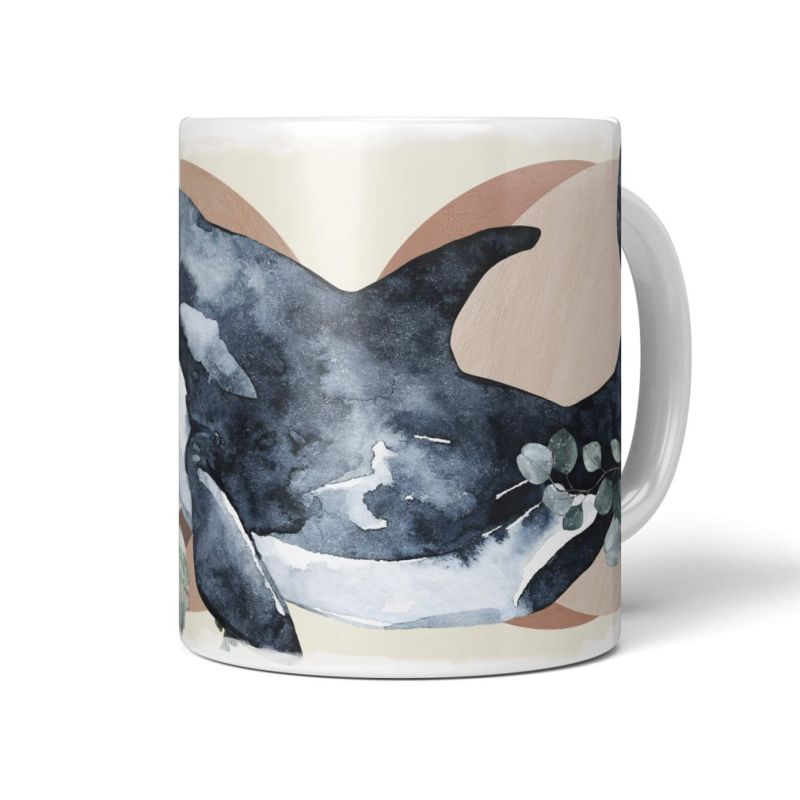 Dekorative Tasse mit schönem Motiv Orca Schwertwal Wasserfarben Blumen Kunstvoll