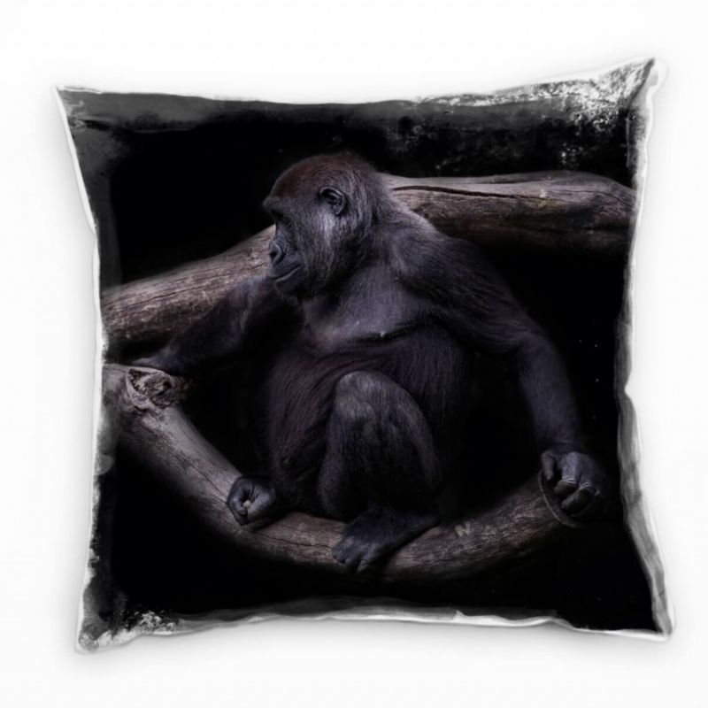 Tiere, Gorilla auf einem Ast, braun, schwarz Deko Kissen 40x40cm für Couch Sofa Lounge Zierkissen