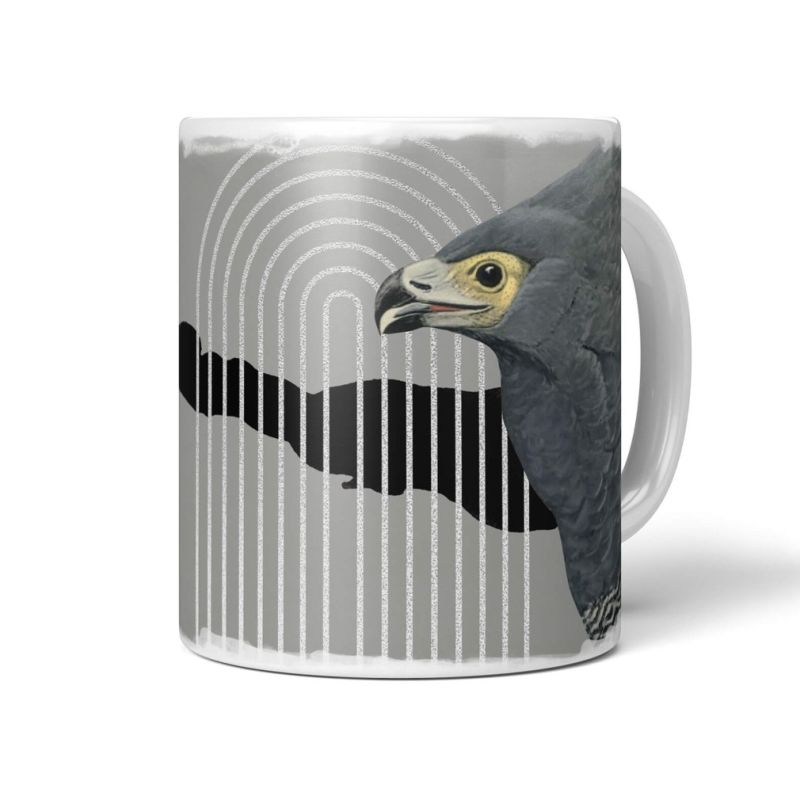 Dekorative Tasse mit schönem Vogel Motiv Höhlenweihe Grautöne schönem Design goldene Elemente