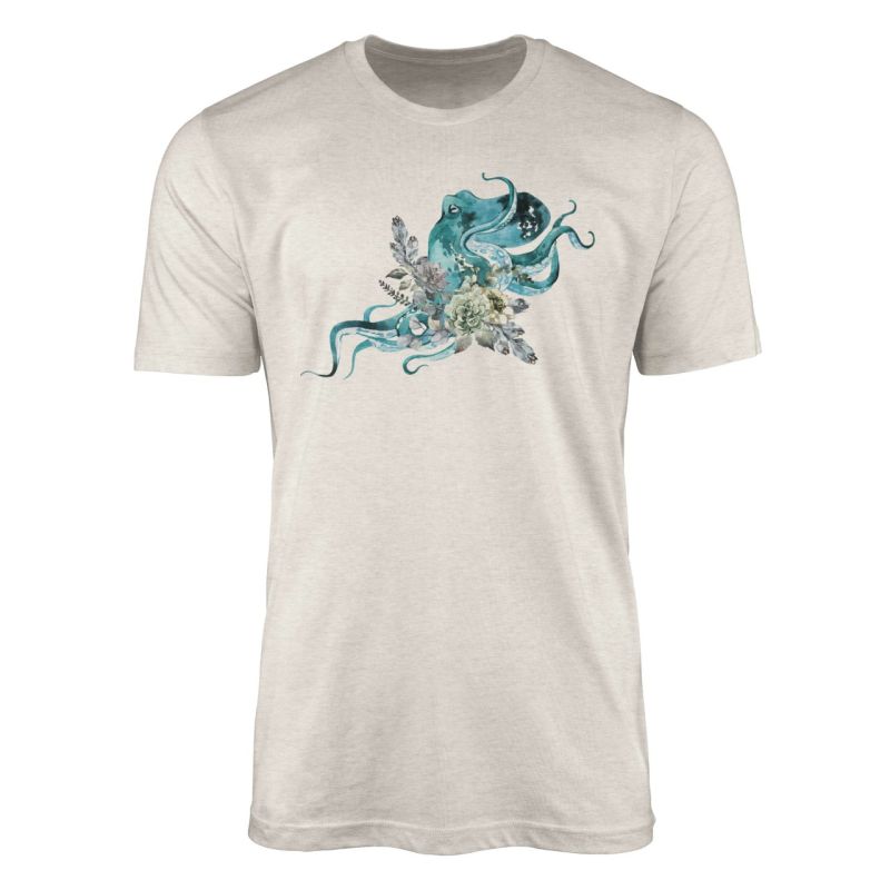 Herren Shirt 100% gekämmte Bio-Baumwolle T-Shirt  Blumen Oktopus Wasserfarben Motiv Nachhaltig Ökomo