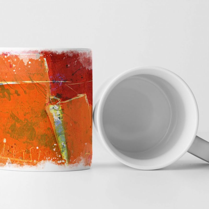 Tasse Geschenk orange-rot Abstraktion; gelb, olivgrün, weiße Elemente