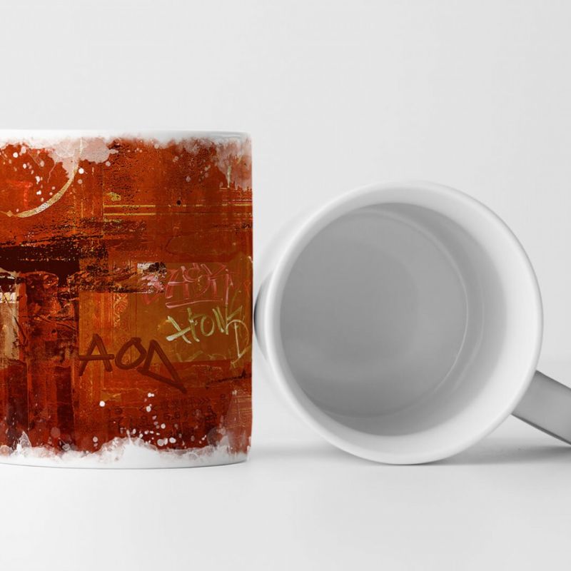 Tasse Geschenk rot-orangene Grundierung; dunkelrote Abstraktionen