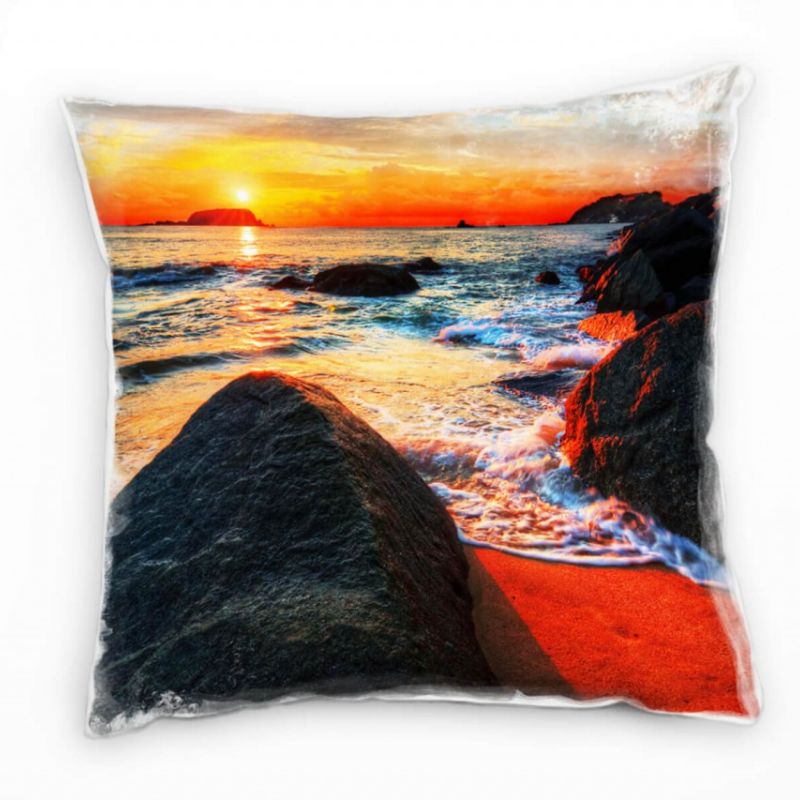 Strand und Meer, Brandung, Sonnenuntergang, rot Deko Kissen 40x40cm für Couch Sofa Lounge Zierkissen