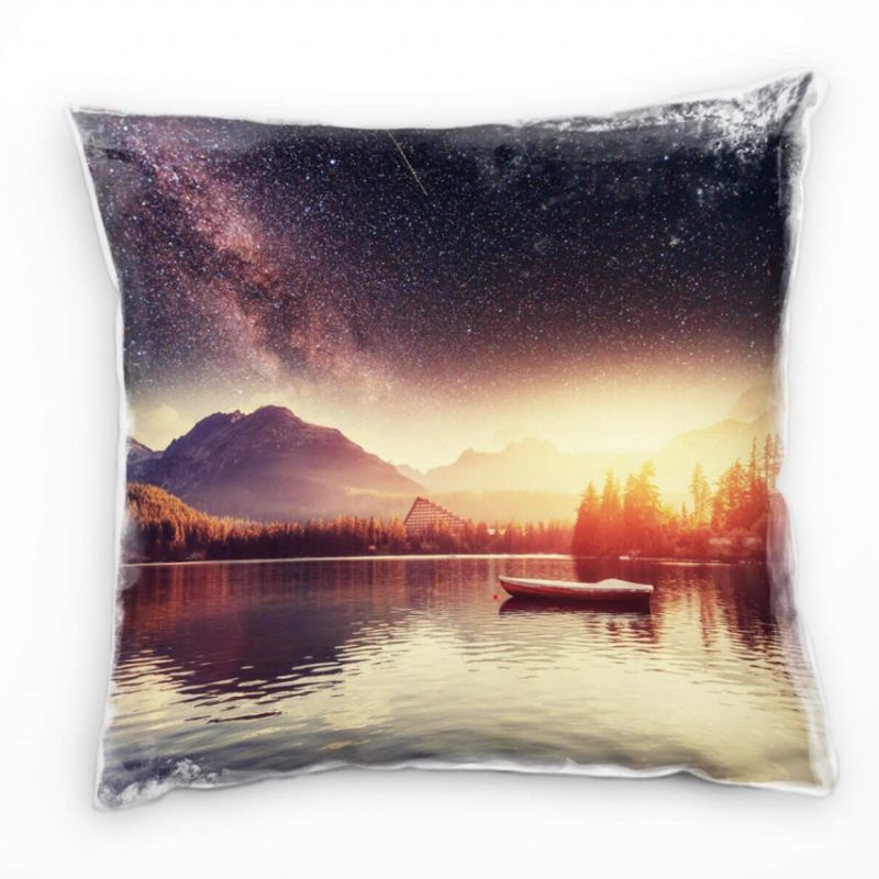 Seen, Sterne, Sonnenuntergang, Boot, Berge, bunt Deko Kissen 40x40cm für Couch Sofa Lounge Zierkisse