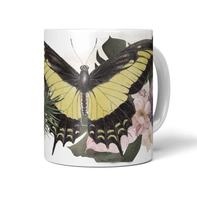 Dekorative Tasse mit schönem Motiv Schmetterling exotische Blumen Pflanzen Kunstvoll