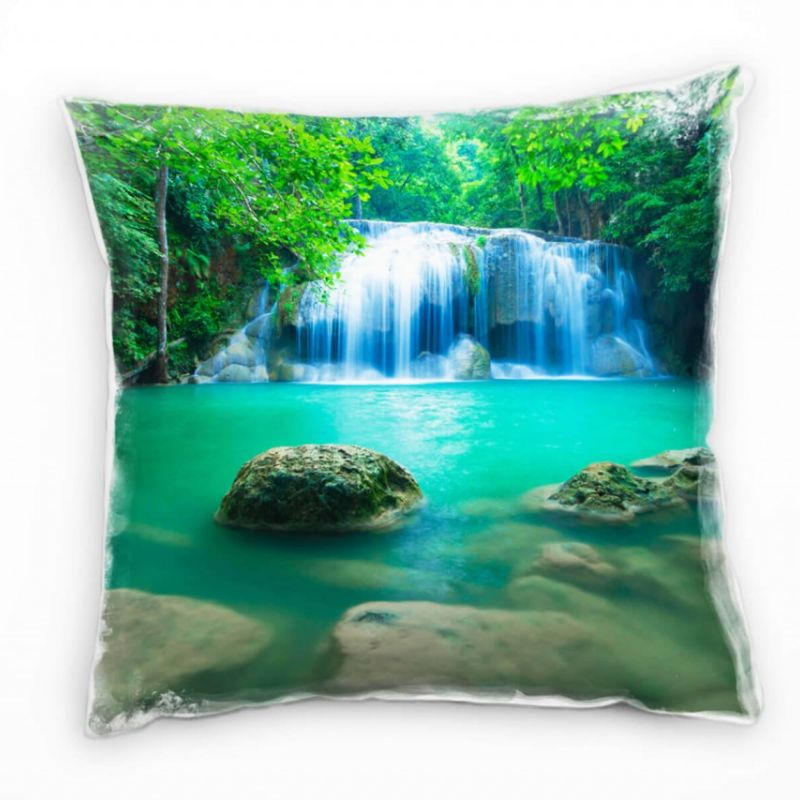 Natur, türkis, grün, braun, Wasserfall, Thailand Deko Kissen 40x40cm für Couch Sofa Lounge Zierkisse