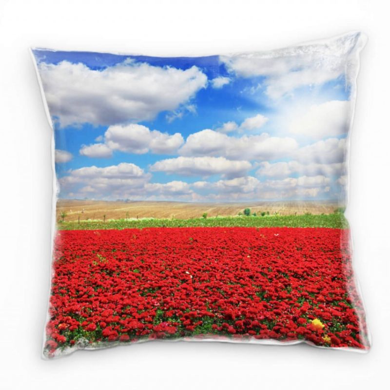 Landschaft, rote Blumen, Wiese, Wolken, blauer Himmel Deko Kissen 40x40cm für Couch Sofa Lounge Zier