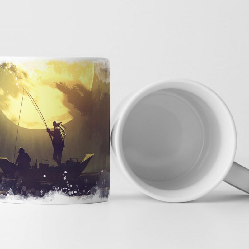 Tasse Geschenk Silhouette Fischer im Mondschein – Gemälde