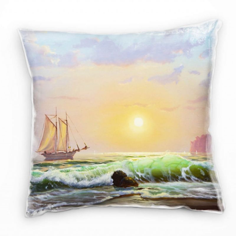 Strand und Meer, grün, gelb, Segelschiff, Wellen, gemalt Deko Kissen 40x40cm für Couch Sofa Lounge Z