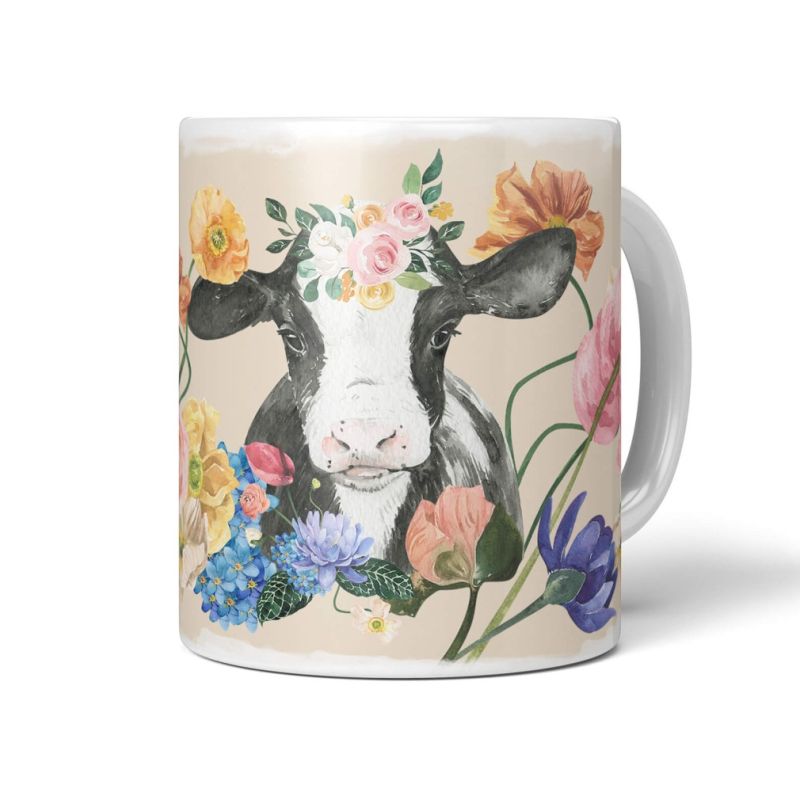 Tasse Porzellan Tier Motiv süßes Kalb Blumen Blüten Natur Farbenfroh