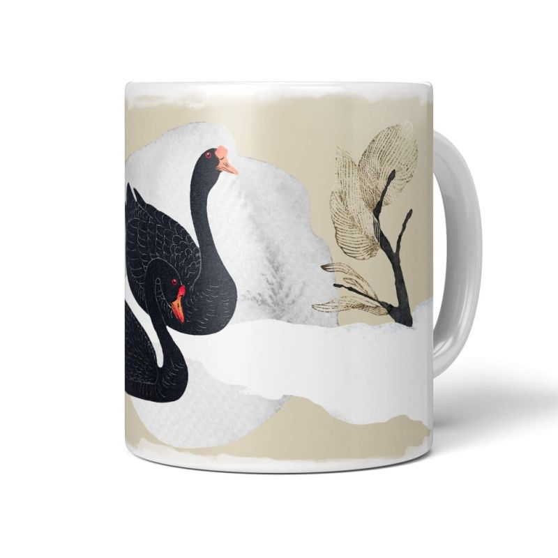 Dekorative Tasse mit schönem Vogel Motiv schwarzer Schwan Kunstvoll Japanisch Design