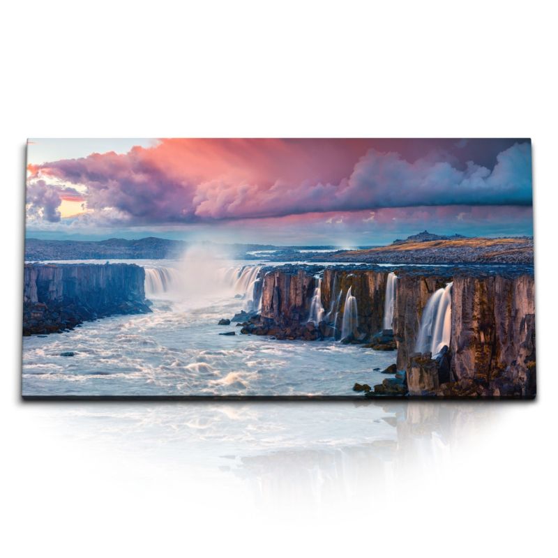 Kunstdruck Bilder 120x60cm Island Wasserfälle Natur Wildfluss rosa Himmel