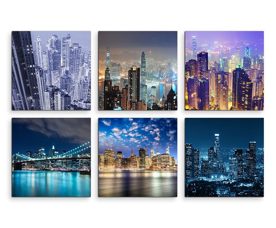 6 teiliges Leinwandbild je 30x30cm –  New York Brooklyn Bridge Skyline Nacht