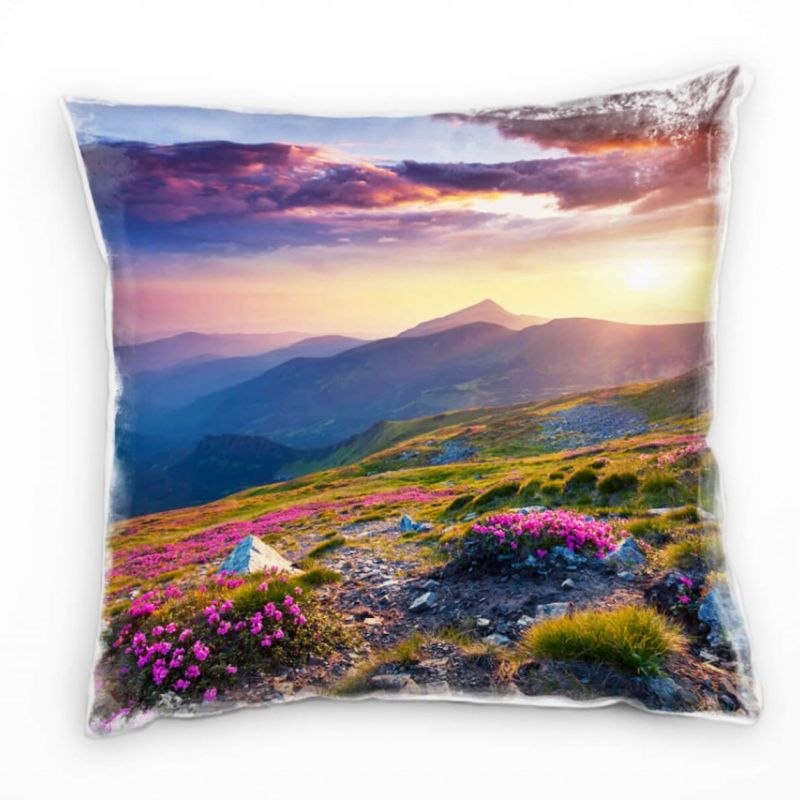 Landschaft, grün, blau, lila, Blumen, Berge, Sonne Deko Kissen 40x40cm für Couch Sofa Lounge Zierkis