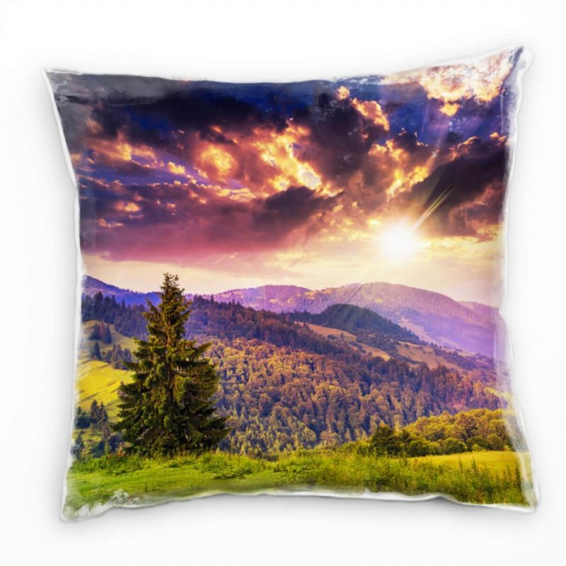 Natur, Wald, Berge, Sonnenuntergang, grün, orange Deko Kissen 40x40cm für Couch Sofa Lounge Zierkiss