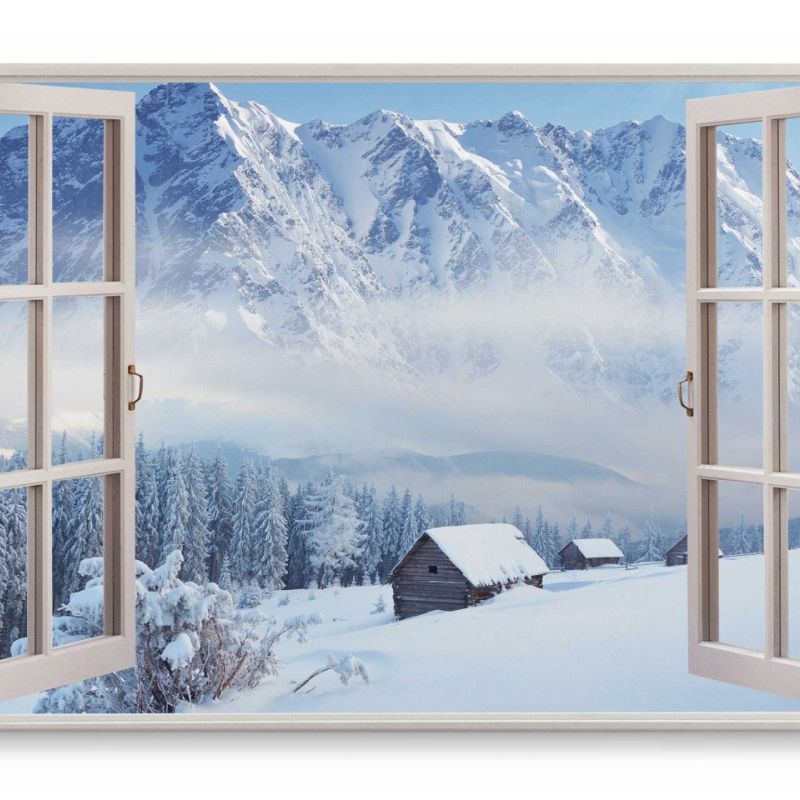 Wandbild 120x80cm Fensterbild Alpen Winter Schnee Hüte Winterlandschaft Berge