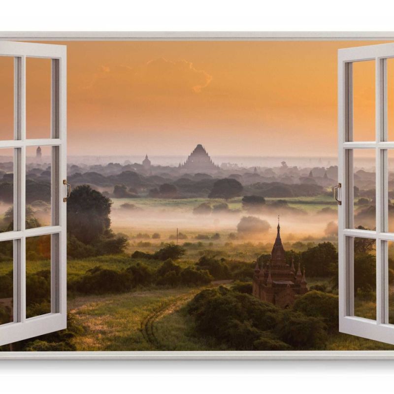 Wandbild 120x80cm Fensterbild Tempel Tempelanlage Antik Nebel Sonnenuntergang Horizont