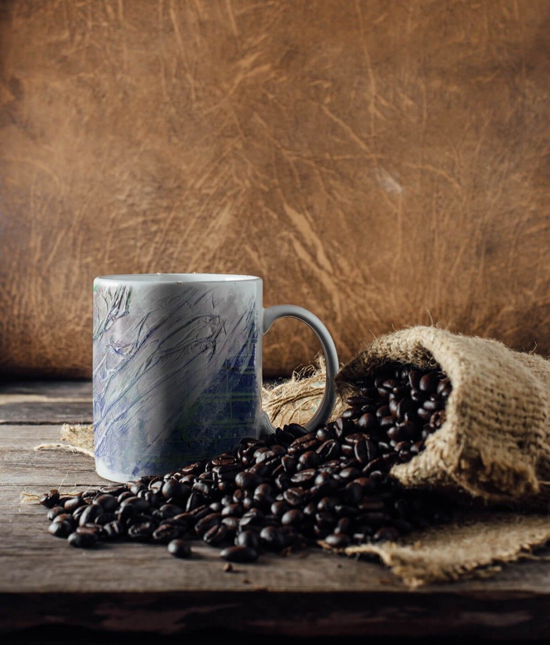 Tasse Geschenk hellgrau-lila, frühlingsgrüne Abstraktion, Tasse Geschenk hellorange, gelb, olivgrün, Abstraktion, Frühling, Tasse Geschenk stahlblaue Umrandung, abstrakt, Frühlingsfarben