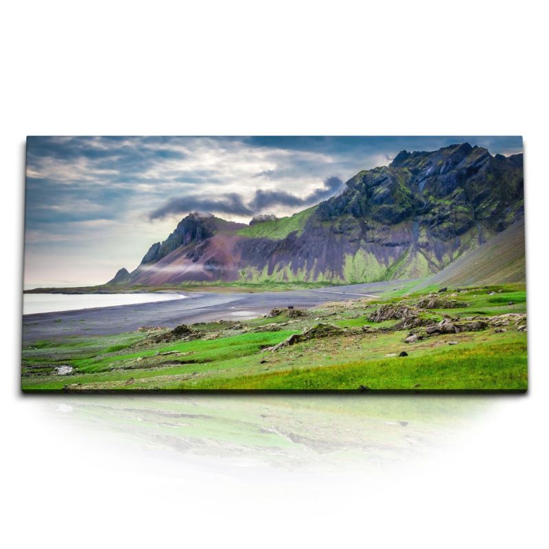 Kunstdruck Bilder 120x60cm Island Küste Vulkan Ozean Grün Natur Berge