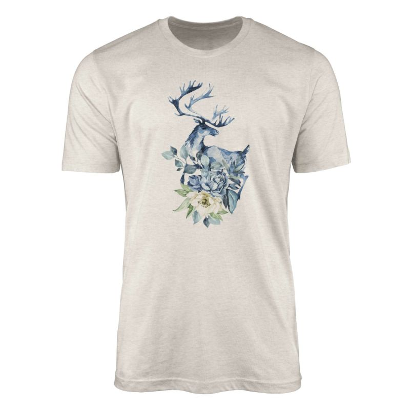 Herren Shirt 100% gekämmte Bio-Baumwolle T-Shirt  Aquarell Elch Blumen Motiv Nachhaltig Ökomode aus