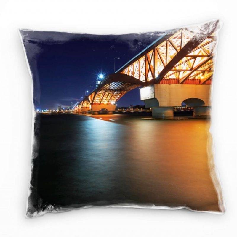 City, Korea, Brücke, Nacht, blau, orange Deko Kissen 40x40cm für Couch Sofa Lounge Zierkissen