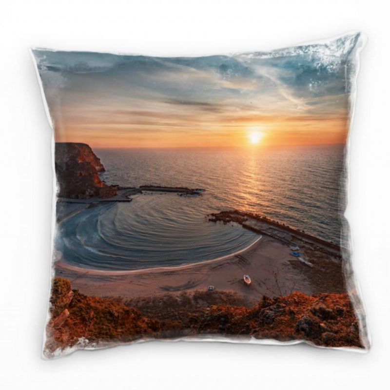 Strand und Meer, Sonnenuntergang, Bucht, orange Deko Kissen 40x40cm für Couch Sofa Lounge Zierkissen