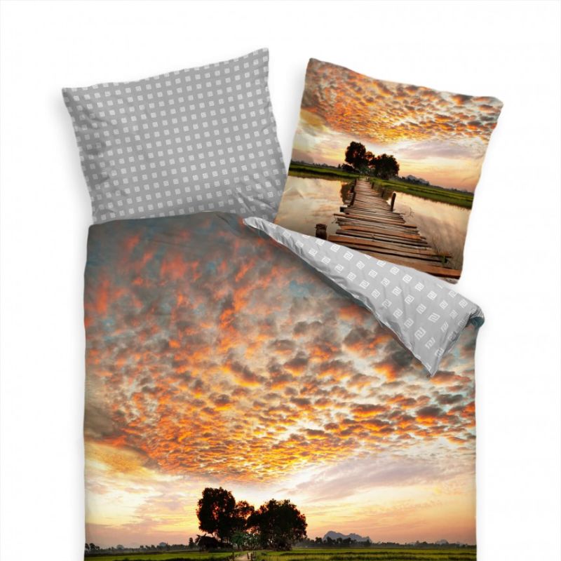 Sonnenuntergang Brcke Fluss Wolken Bettwäsche Set 135×200 cm + 80x80cm  Atmungsaktiv