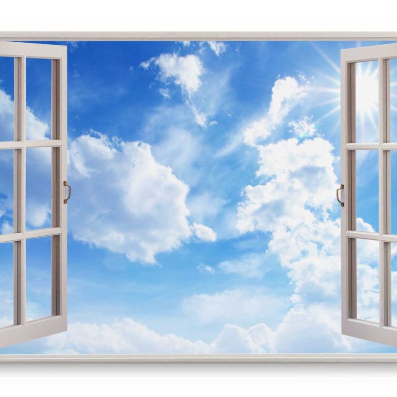 Wandbild 120x80cm Fensterbild Blauer Himmel Sonnenschein Sommer weiße Wolken