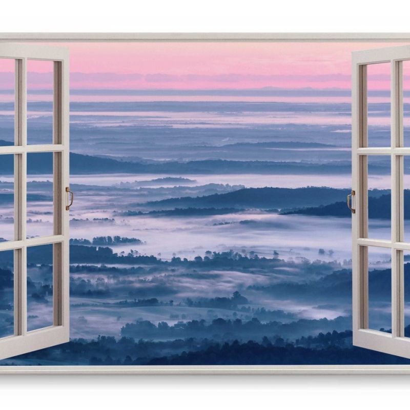 Wandbild 120x80cm Fensterbild Landschaft Horizont Sonnenuntergang Nebel Natur