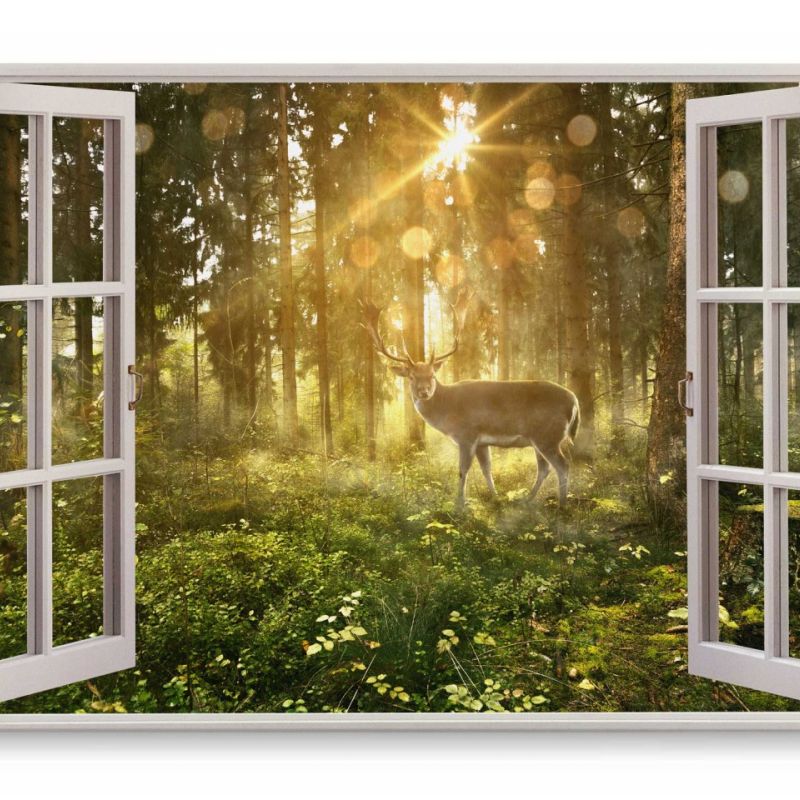 Wandbild 120x80cm Fensterbild Natur Hirsch Wald Sonnenstrahl Bäume