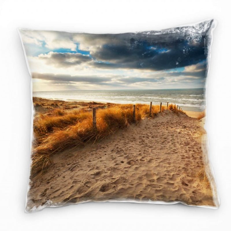 Strand und Meer, gras, Sonne, Wolken, beige, grau Deko Kissen 40x40cm für Couch Sofa Lounge Zierkiss