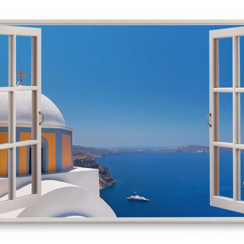 Wandbild 120x80cm Fensterbild Santorini Griechenland Insel Meer Blaue Sonnenschein