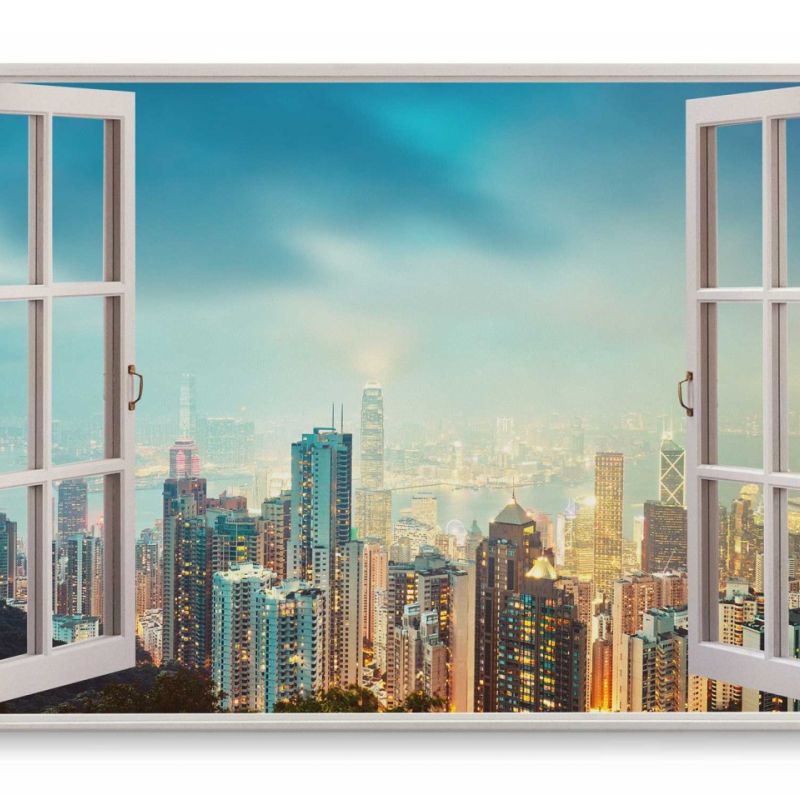 Wandbild 120x80cm Fensterbild Hongkong Skyline Hochhäuser Megacity Stadtlichter