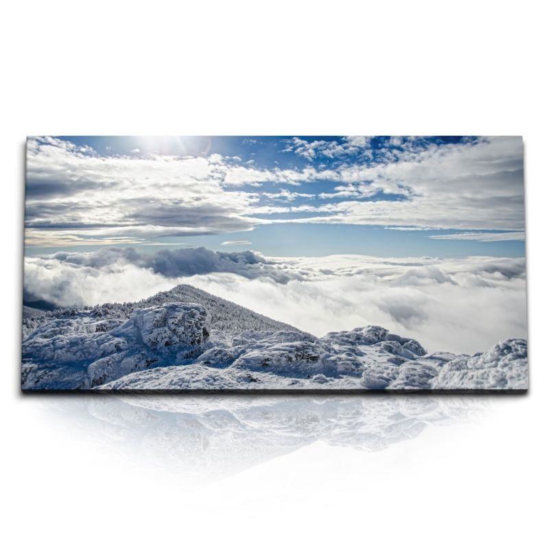 Kunstdruck Bilder 120x60cm Schneelandschaft Winter Berge über den Wolken Sonnenschein