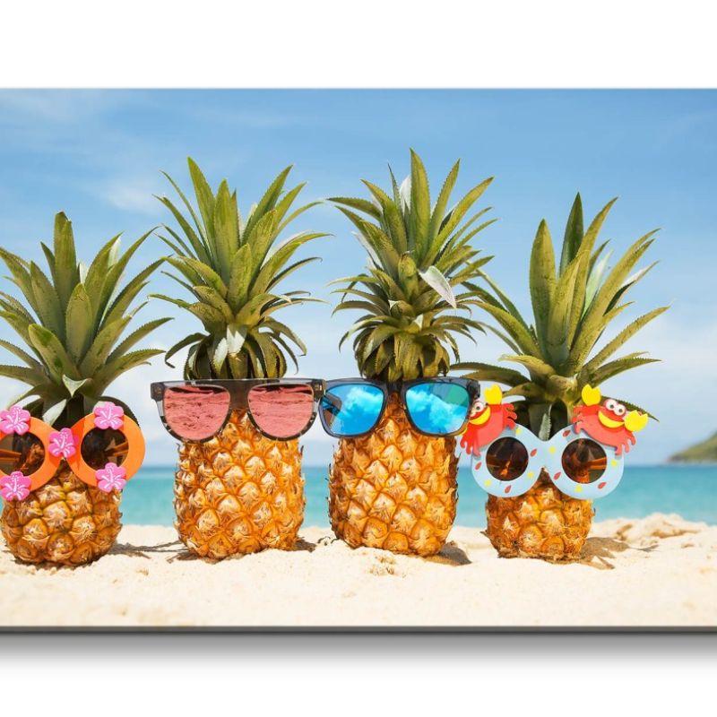 Leinwandbild 120x60cm Sommer Sonnenschein Strand Meer Ananas Sonnenbrille