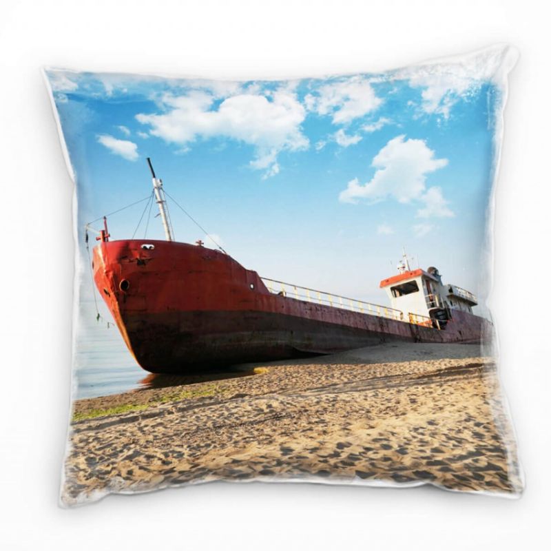 Strand und Meer, gestrandetes Schiff, braun, blau Deko Kissen 40x40cm für Couch Sofa Lounge Zierkiss