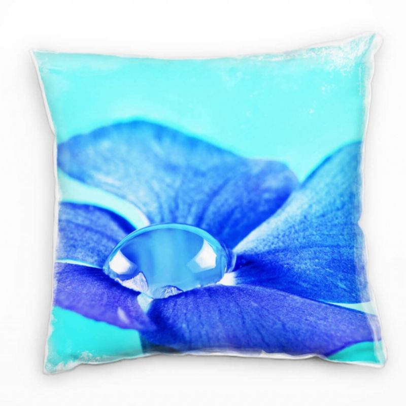 Blumen, Macro, blau, türkis, Blume mit Tautropfen Deko Kissen 40x40cm für Couch Sofa Lounge Zierkiss